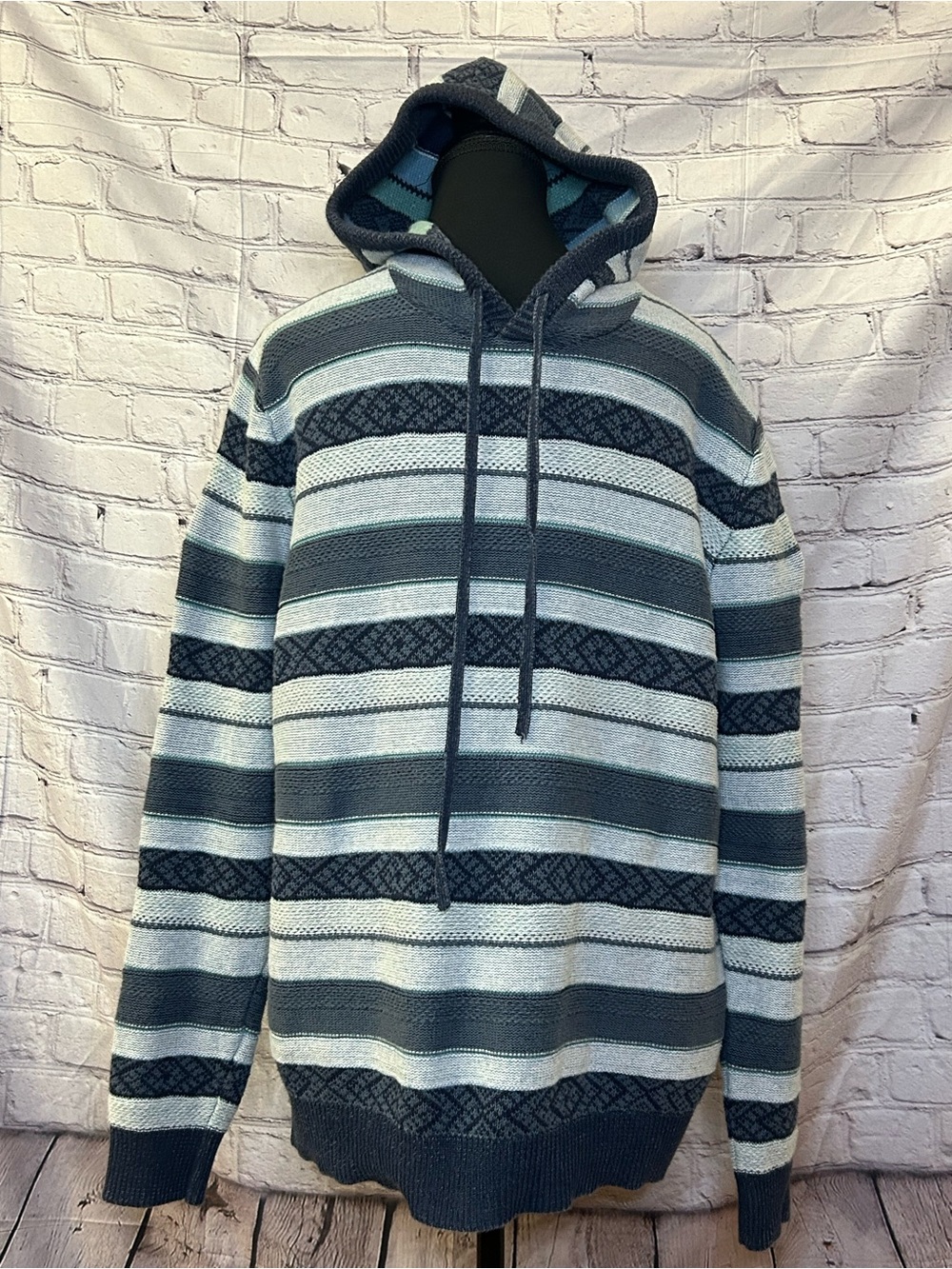 Sun + Stone Striped Hooded Sweater in Light Blue and Charcoal